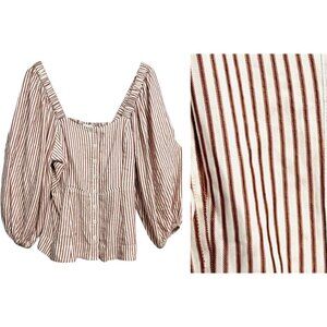 Cabi Blouse Womens Medium White Red Striped Button Down Peplum Puff Sleeve Top